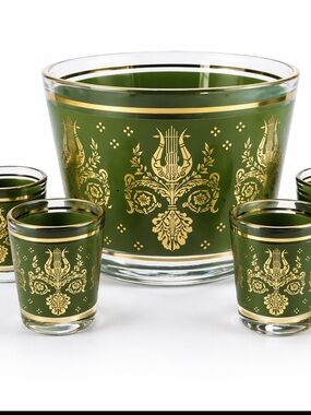 Vintage Green Gold Ice Bucket + 4 Small Glasses Hollywood Regency mid-century